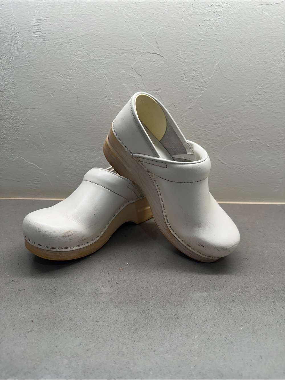 Dansko White Leather Clogs with Natural Wood Platform